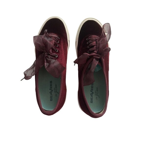 SeaVees Legend Burgundy Cherry Velvet Sneakers J Crew Ribbon Laces Size 9.5 - Picture 6 of 11